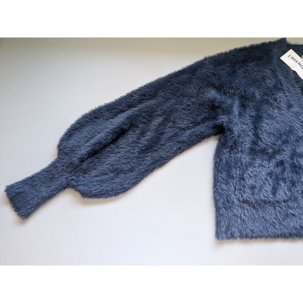 NWT L'Agence Harriet Fuzzy Knit Blouson Sleeve Cardigan Size L Indigo #3C509 - Picture 8 of 12